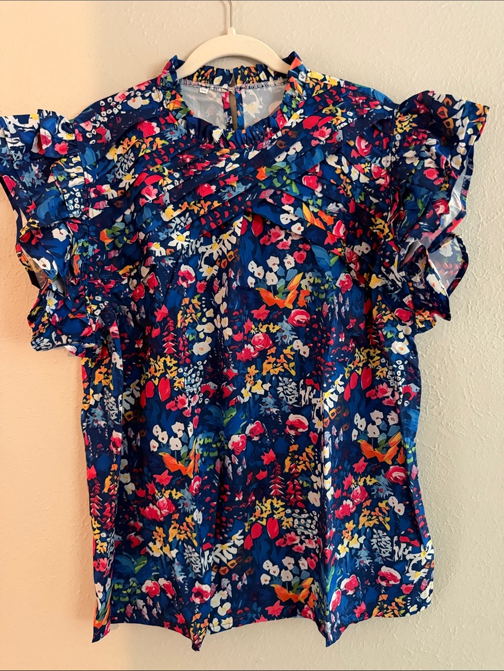 Women’s Floral Ruffle Sleeve Top - Navy Blue